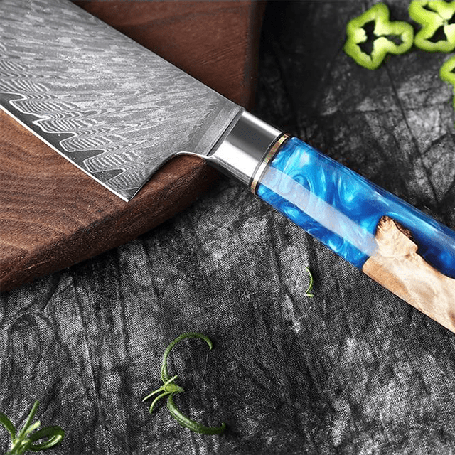 Gyuto (ぎゅうとう) Japanese Damascus Steel Knife with Coloured Blue Handle