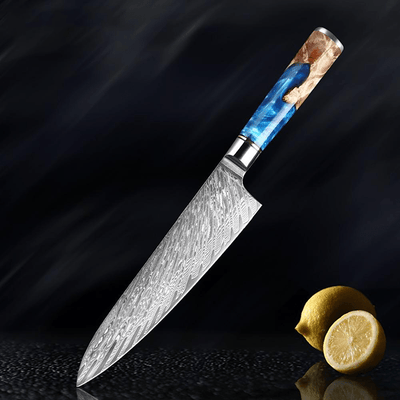 Gyuto (ぎゅうとう) Japanese Damascus Steel Knife with Coloured Blue Handle