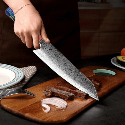 Kiritsuke ( きりつけ) Japanese Knife Damascus Steel with Coloured Ebony Handle