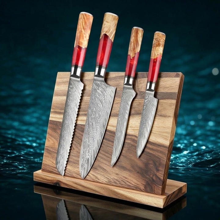 SAKUTO (作東) Japanese Damascus Steel Kitchen Knife Set With Resin Handle