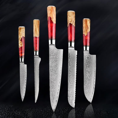SAKUTO (作東) Japanese Damascus Steel Kitchen Knife Set With Resin Handle