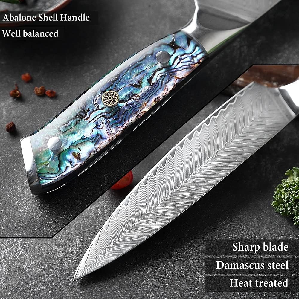 Okugai (おくがい) Damascus Steel Kitchen Knife with Abalone Handle