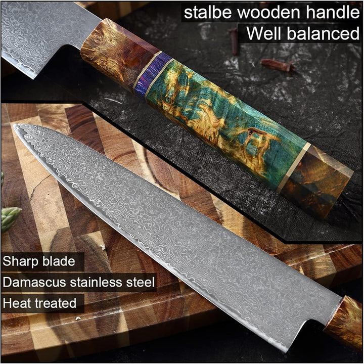 SAKUTO (久拓) Japanese Damascus Steel Kitchen Knife With Coloured Octagonal Handle