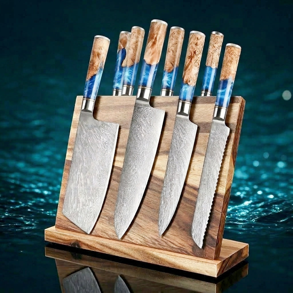 SAKUTO (作東) Japanese Damascus Steel Kitchen Knife Set With Resin Handle
