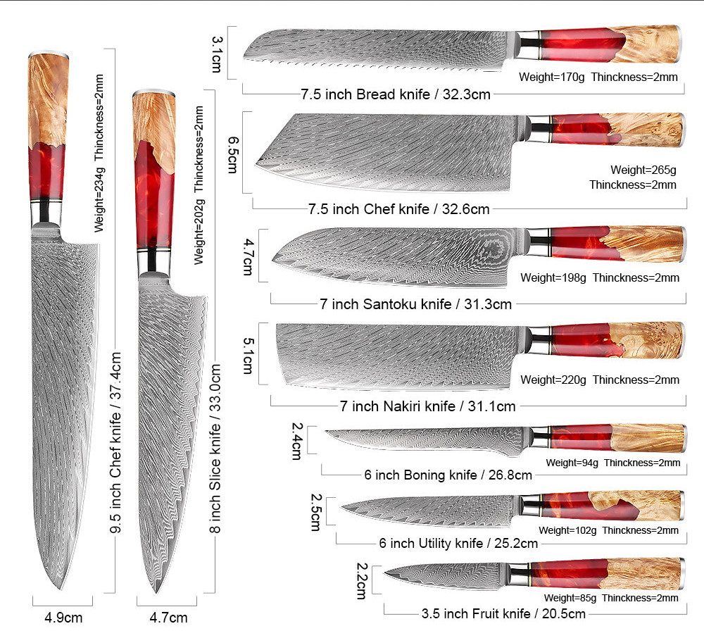 SAKUTO (作東) Japanese Damascus Steel Kitchen Knife Set With Resin Handle