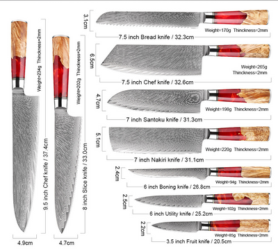 SAKUTO (作東) Japanese Damascus Steel Kitchen Knife Set With Resin Handle