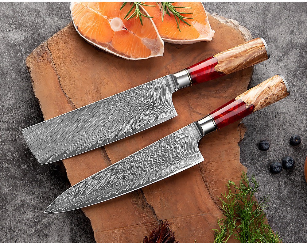 SAKUTO (作東) Japanese Damascus Steel Kitchen Knife Set With Resin Handle