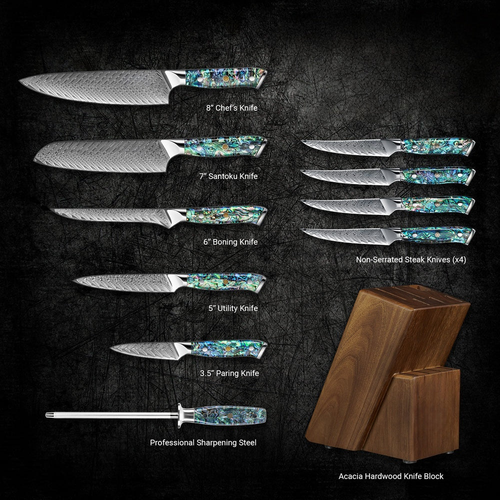 Okugai (おくがい) Damascus Steel Kitchen Knife with Abalone Handle