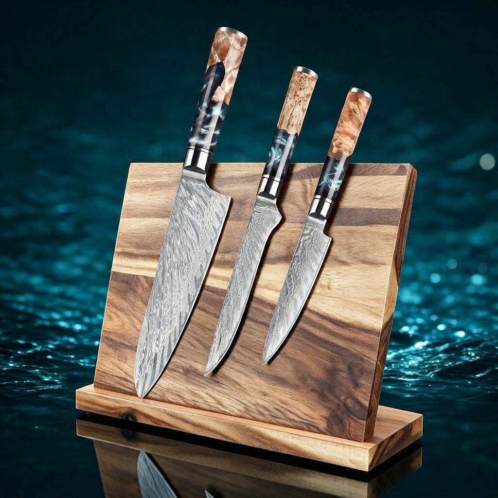 SAKUTO (作東) Japanese Damascus Steel Kitchen Knife Set With Resin Handle