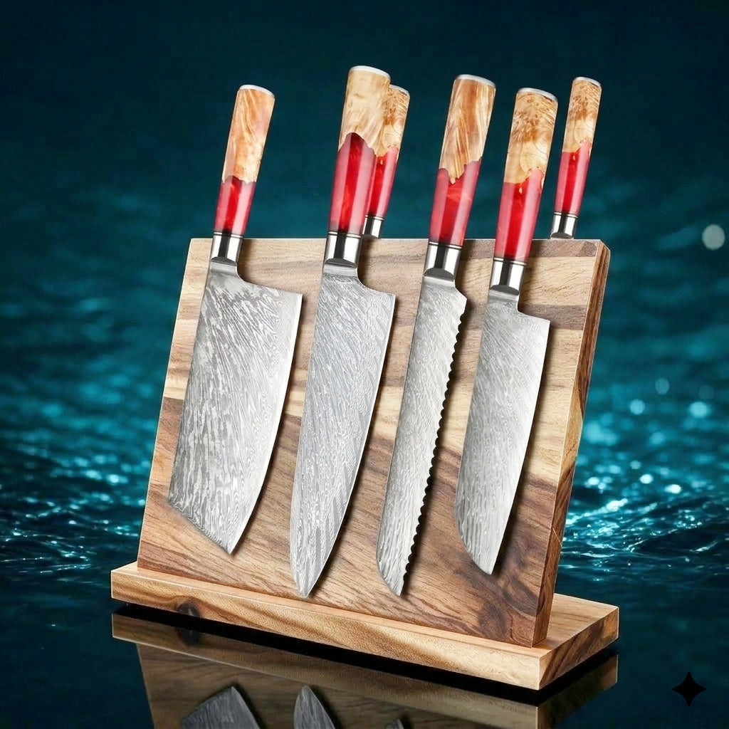 SAKUTO (作東) Japanese Damascus Steel Kitchen Knife Set With Resin Handle