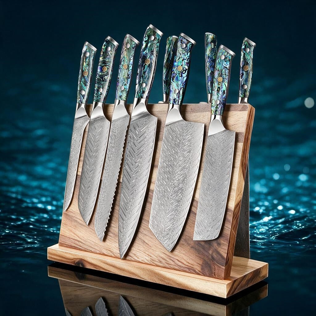 Okugai Japanese Damascus Steel Chef Knife, Premium Abalone Shell Handle