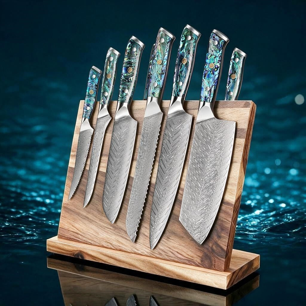 Okugai Japanese Damascus Steel Chef Knife, Premium Abalone Shell Handle