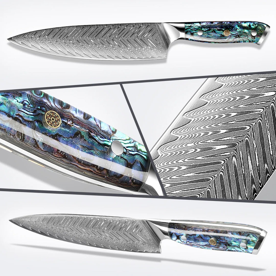 Okugai (おくがい) Damascus Steel Kitchen Knife with Abalone Handle