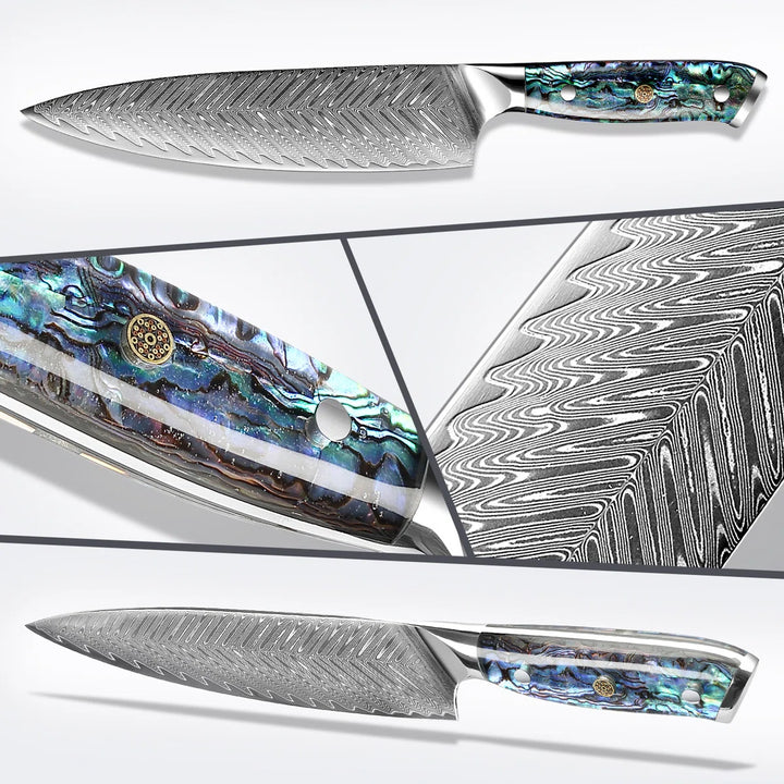 Okugai (おくがい) Damascus Steel Kitchen Knife with Abalone Handle