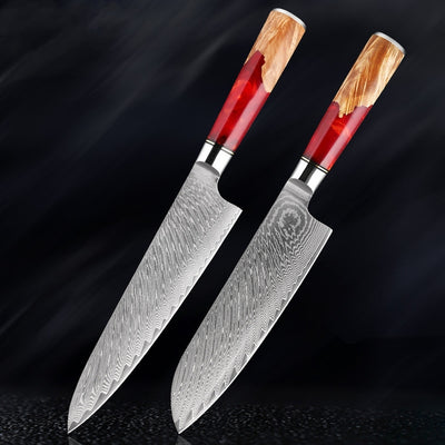 SAKUTO (作東) Japanese Damascus Steel Kitchen Knife Set With Coloured Red Handle