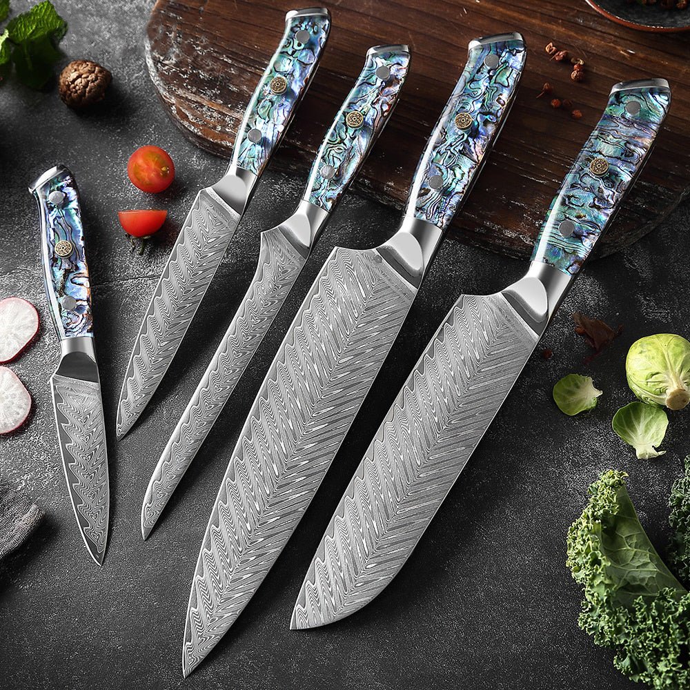 Okugai (おくがい) Damascus Steel Kitchen Knife with Abalone Handle