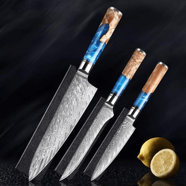 SAKUTO (作東) Japanese Damascus Steel Kitchen Knife Set With Blue